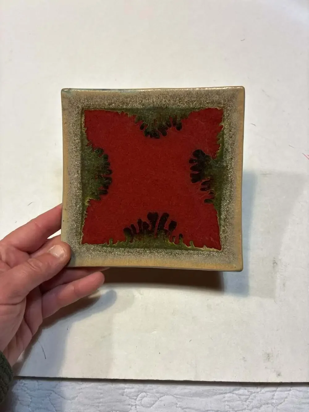 Vintage Mid-Century Modern Square Fat Lava Pottery Pedestal Dish